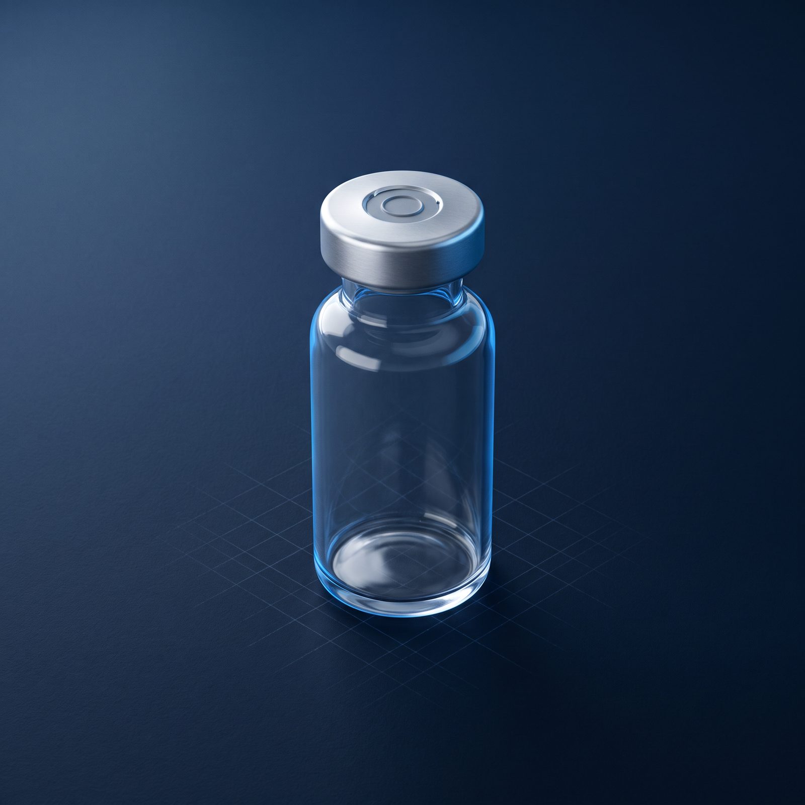 A single upright clear glass vial of NAD+ with an aluminum crimp cap, rim-lit in blue