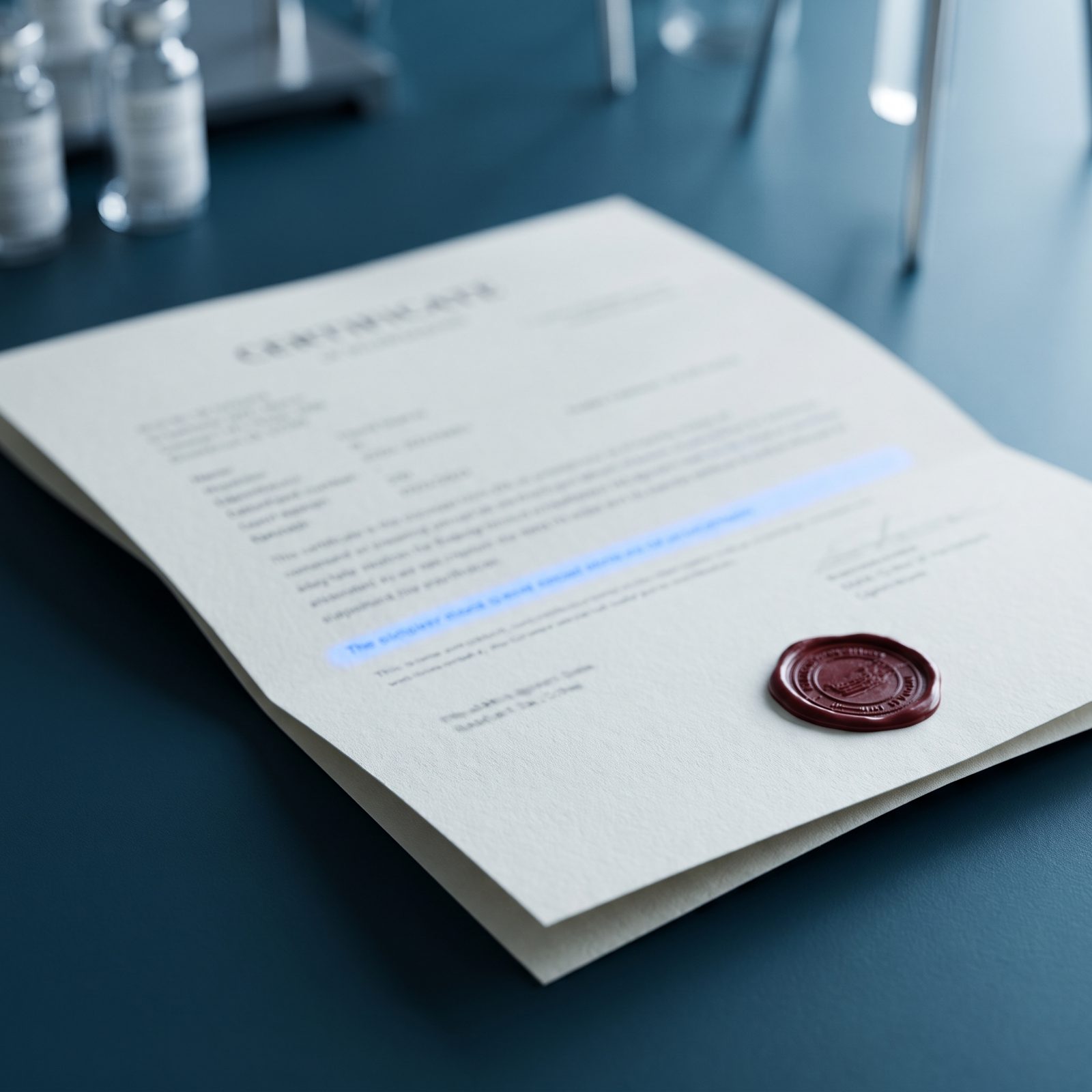 Corner of a printed certificate of analysis, a blue highlight glowing across one result row
